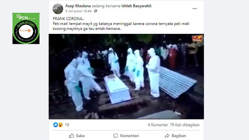 Cek Fakta Liputan6.com menelusuri klaim video peti mati jenazah Covid-19 kosong saat Hendak dikubur