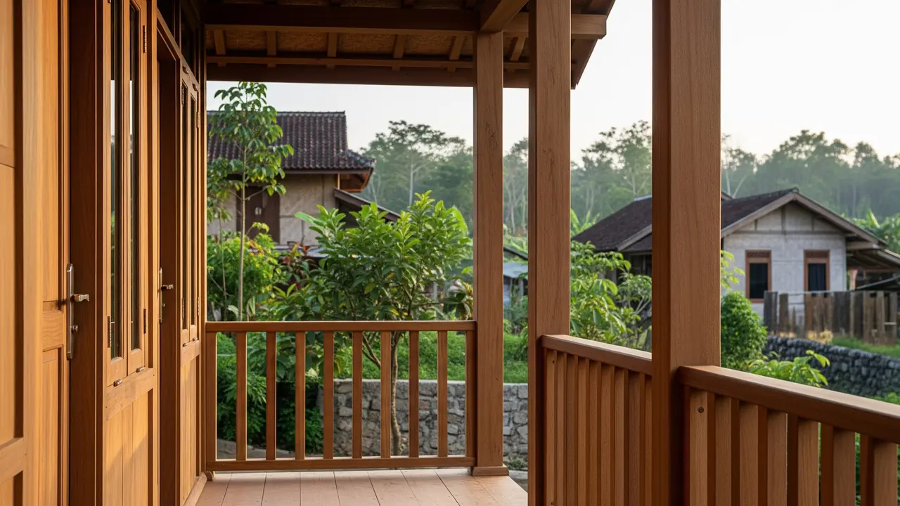 Rumah Desa dengan Pilar Kayu Besar