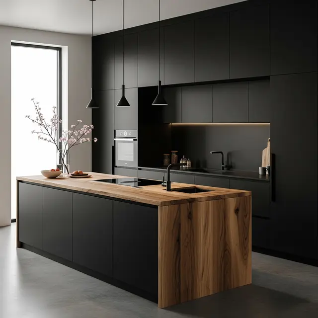 Dapur Minimalis Hitam dengan Sentuhan Kayu (Gemini AI)