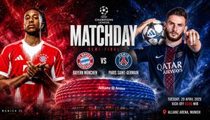 Cover prediksi Bayern Munchen vs PSG - Champions League. (Bola.com/AI-Generated Image)