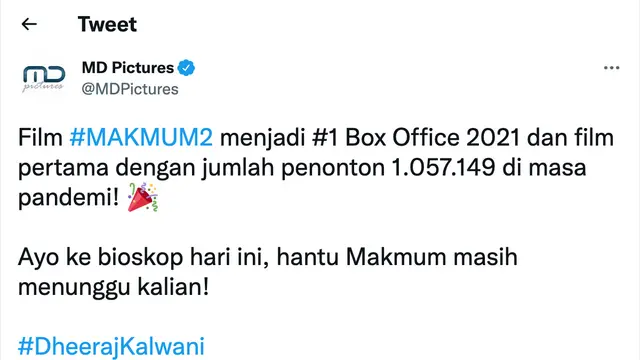 Cuitan soal Makmum 2 tembus sejuta penonton. (Foto: Dok. Twitter @MDpictures)