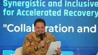 Menteri Koordinator Bidang Perekonomian Airlangga Hartarto dalam sesi Leaders Talk Festival Ekonomi Keuangan Digital Indonesia (FEKDI) tahun 2022 yang berlangsung di Bali Internasional Convention Center, Senin (11/7/2022). (Dok Kemenko Perekonomian)