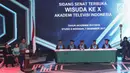 Direktur Utama Indosiar Imam Sudjarwo memberi sambutan dalam Sidang Senat Terbuka Wisuda ATVI ke-X di Jakarta, Kamis (7/12). Sebanyak 110 wisudawan dan wisudawati ATVI mengikuti wisuda ke-X. (Liputan6.com/Angga Yuniar)