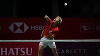 Pebulutangkis ganda putra Indonesia, Marcus Fernaldi Gideon saat melakukan latihan menjelang Indonesia Masters 2023 yang berlangsung di Istora Senayan, Jakarta, Senin (23/01/2023). (Bola.com/Bagaskara Lazuardi)