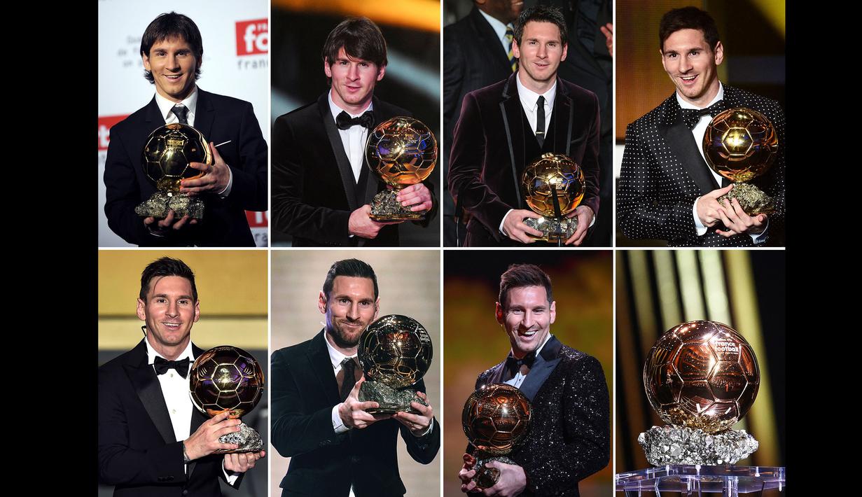 Ballon d'Or 2021 juga membuat Lionel Messi berhasil menjadi orang pertama yang mampu memenangkan penghargaan tersebut dalam tiga dekade terpisah, yaitu pada tahun 2000-an, tahun 2010-an, dan tahun 2020-an. (AFP/Franck Fife, Fabrice Coffrini, Olivier Morin, Fred Ddufour)