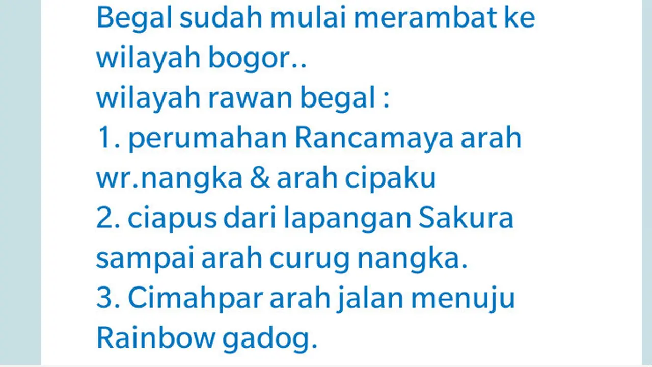 Beredar BM Rawan Begal di Bogor, Polisi Minta Warga Jangan Panik