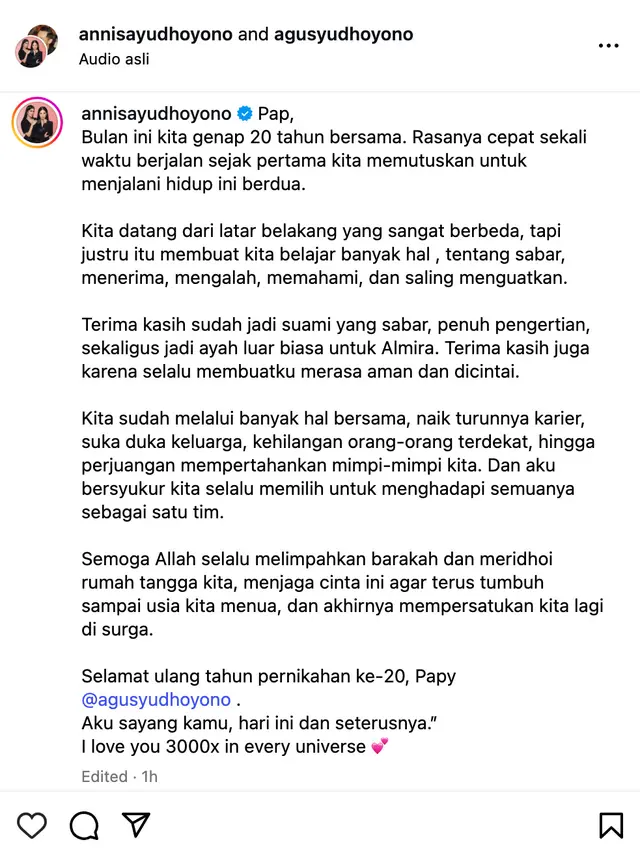Unggahan Annisa Pohan. (Foto: Dok. Instagram @agusyudhoyono)