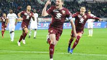Striker Torino Andrea Belotti merayakan golnya ke gawang AC Milan dalam lanjutan Liga Italia di Stadio Olimpico Grande Torino, Senin (29/4/2019) dini hari WIB. Torino menang 2-0. (Alessandro Di Marco/ansa via AP)