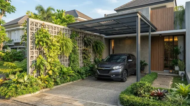 Model Carport Samping Rumah Type 45 dengan Roster dan Taman Kecil