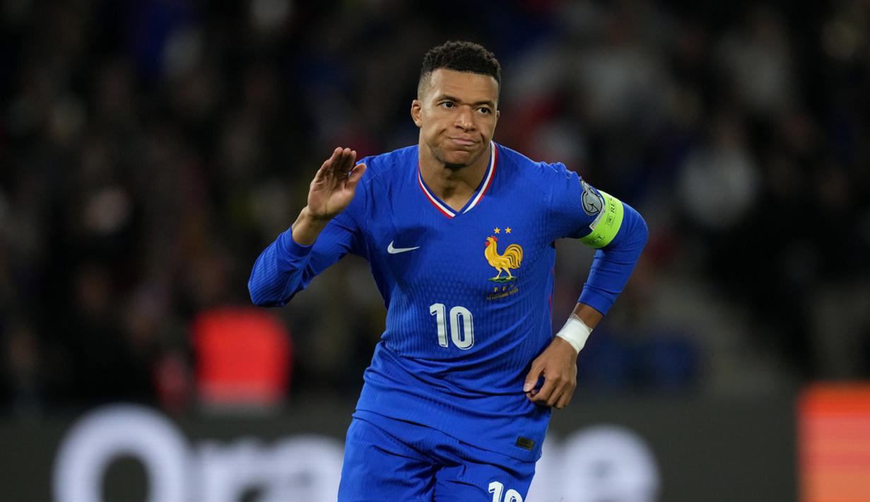 <p>Selebrasi gol Kylian Mbappe pada laga Timnas Prancis melawan Timnas Ukraina di Kualifikasi Piala Dunia 2026 zona Eropa -&nbsp;AP Photo/Christophe Ena</p>