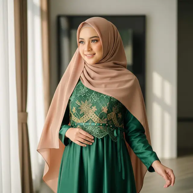 Gamis Hijau Zamrud Kombinasi Batik dan Hijab Nude Trend 2025