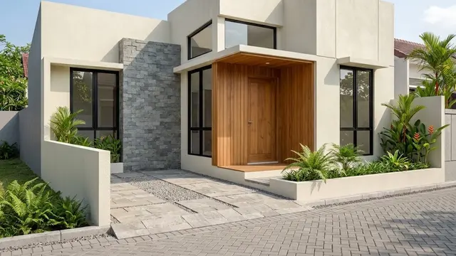 Fasad dengan Perpaduan Batu Alam dan Aksen Kayu