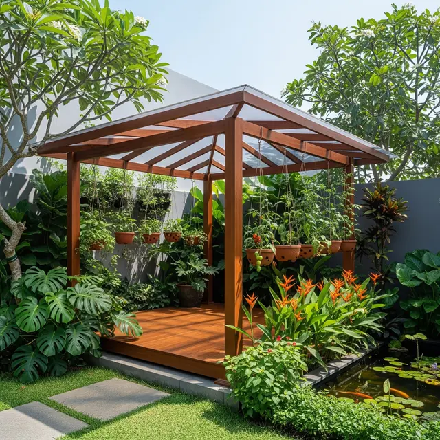 Desain Gazebo dengan Atap Transparan Agar Tetap Terang di Siang Hari (AI)
