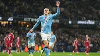 Selebrasi Erling Haaland usai mencetak gol di laga Manchester City vs Liverpool di pekan ke-11 Liga Inggris 2025/2026 di Etihad Stadium, Minggu (09/11/2025). (AP Photo/Jon Super)