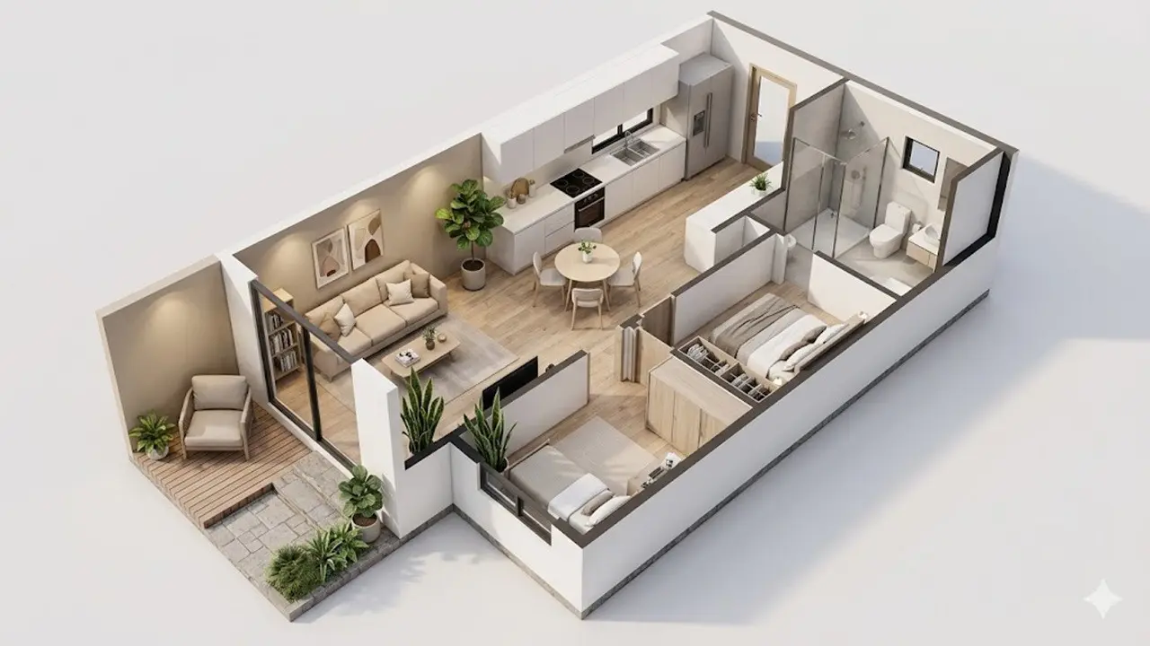 Denah Rumah 6x12 dengan Ruang Makan Kecil