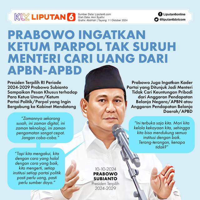 Infografis Prabowo Ingatkan Ketum Parpol Tak Suruh Menteri Cari Uang dari APBN-APBD. (Liputan6.com/Abdillah)