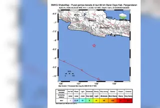 Gempa bumi bermagnitudo 4,1 mengguncang wilayah laut selatan Pangandaran pada Senin (24/8/2026) pagi. (Foto: BMKG)