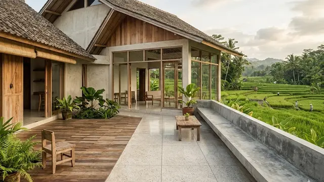 Rumah Desa dengan Teras Luas dan Bangku Cor Memanjang