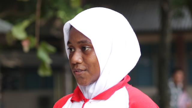 Calon Paskibraka 2018 asal Papua Barat Maimuna Yuni A. Ramar akhirnya ke Jakarta. (Foto: Liputan6.com/Giovani Dio Prasasti)