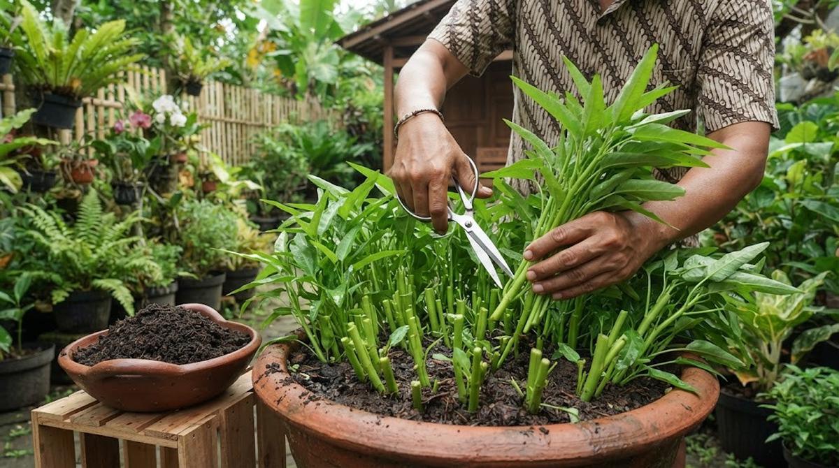 Proses Panen Kangkung di Pot
