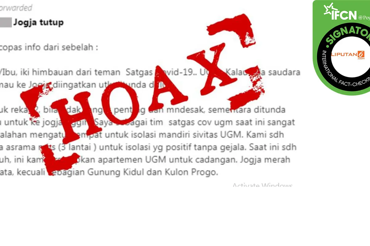 Tangkapan layar pesan berantai soal Yogyakarta tutup