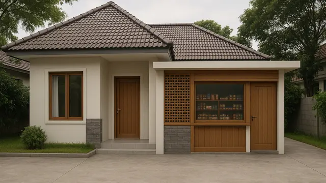 Desain Rumah L-Shape dengan Warung di Teras