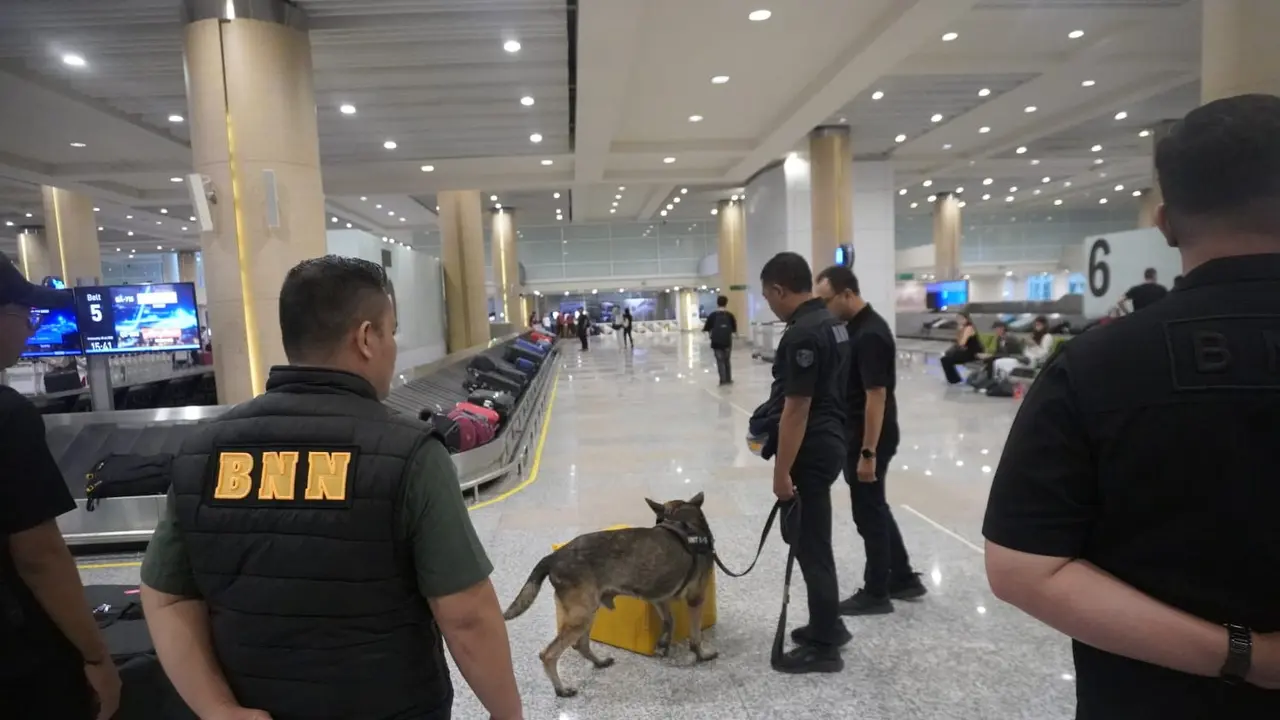 BNNP Bali saat melakukan pemeriksaan barang di Bandara I Gusti Ngurah Rai, Bali. (Liputan6.com/Destarita Rahmawati)