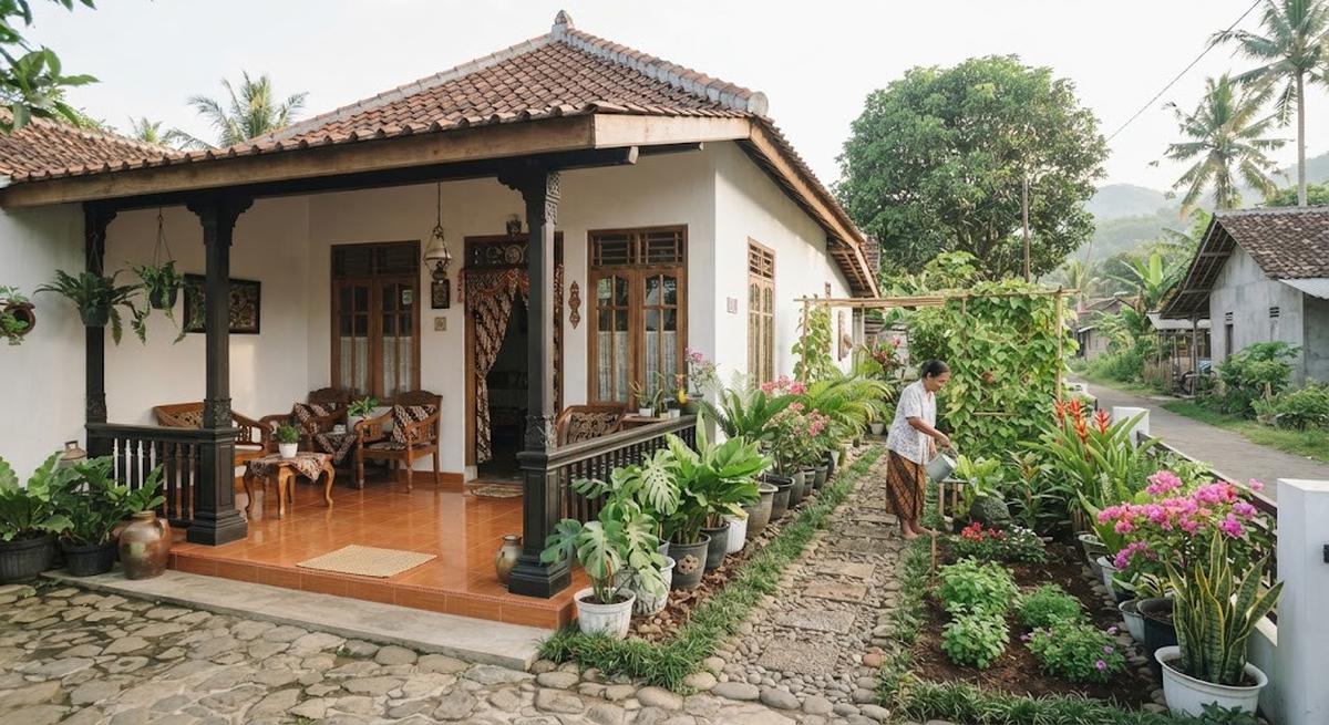 Desain rumah kampung dengan taman kecil di samping yang jadi definisi hunian slow living model taman samping dengan teras depan