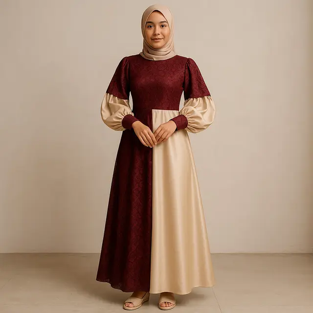Model Gamis Brokat Kombinasi Satin Lengan Balon untuk Pesta/Ilustrasi gambar oleh AI