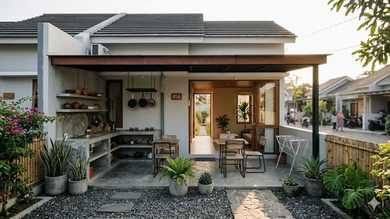 Contoh Rumah Kecil Type 45 dengan Taman Belakang dan Dapur Terbuka