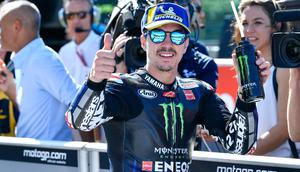 Pembalap Monster Energy Yamaha Maverick Vinales finis ketiga dalam balapan MotoGP San Marino di Sirkuit Misano, Italia, Minggu (15/9/2019).(Alessio Marini/ANSA via AP)