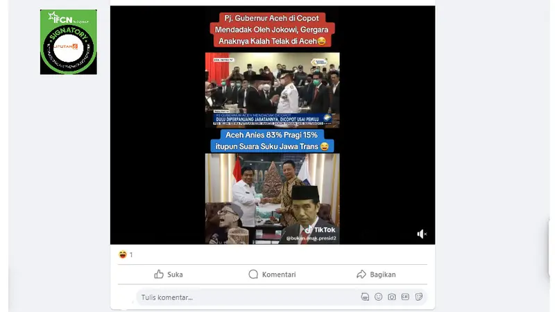 Tangkapan layar klaim Pj Gubernur Aceh dicopot Jokowi karena Anies menang di wilayah tersebut