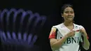 Selebrasi kemenangan tunggal putri Indonesia, Komang Ayu Cahya Dewi setelah mengalahkan wakil Jepang, Tomoka Miyzaki pada partai kelima laga pamungkas Grup C Piala Uber 2024 di Hi-Tech Zone Sports Centre Gymnasium, Chengdu, China, Rabu (1/5/2024). Komang Ayu Cahya Dewi menang dalam tiga gim (21-12, 14-21 dan 21-13). (AP Photo/Ng Han Guan)