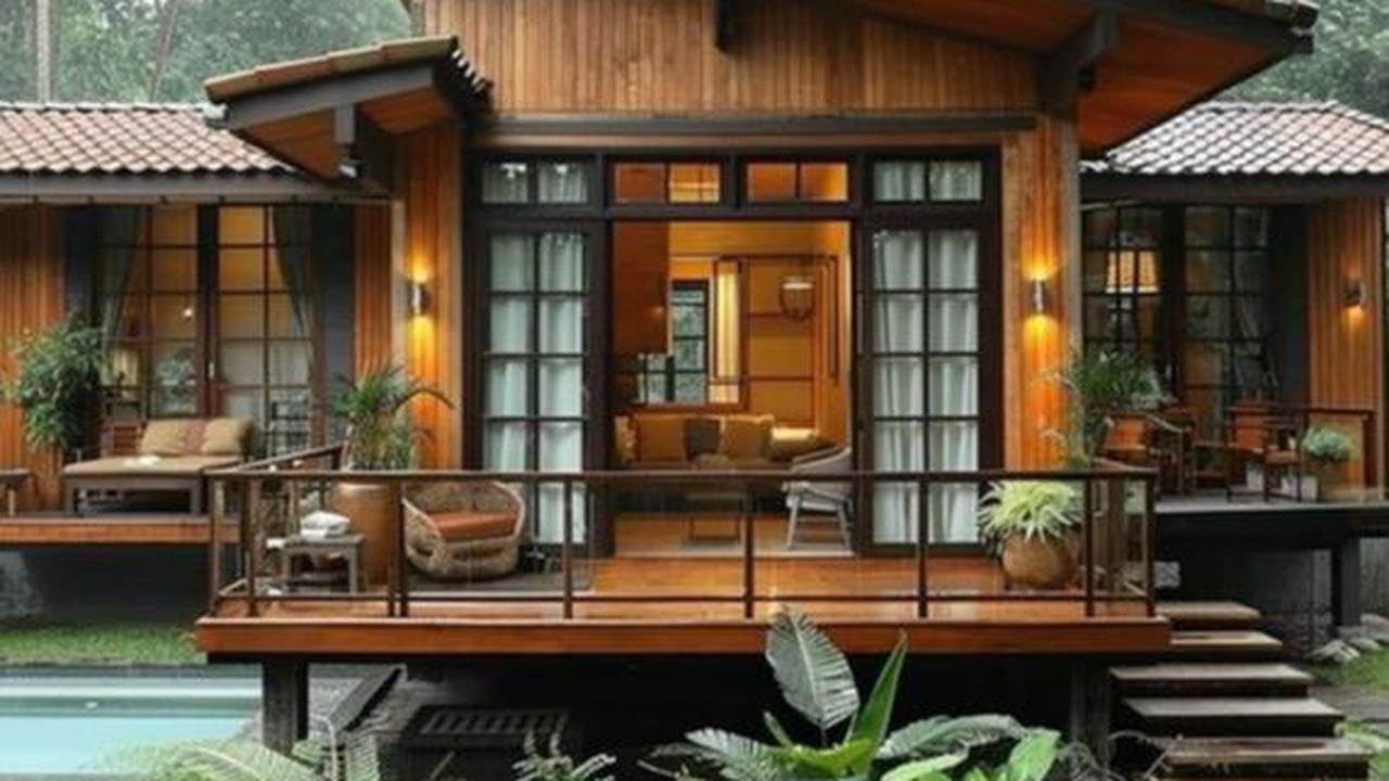 Rumah Kayu dengan Atap Miring Mewah