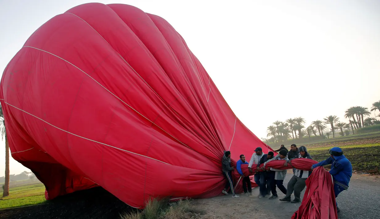 Para kru berusaha menarik balon udara yang mendarat darurat di kota Luxor, Kairo, Mesir (13/12). Dahulu Kota Luxor merupakan pusat pemerintahan Firaun di Mesir dan kini menjadi tempat destinasi wisata. (Reuters/Amr Abdallah Dalsh)