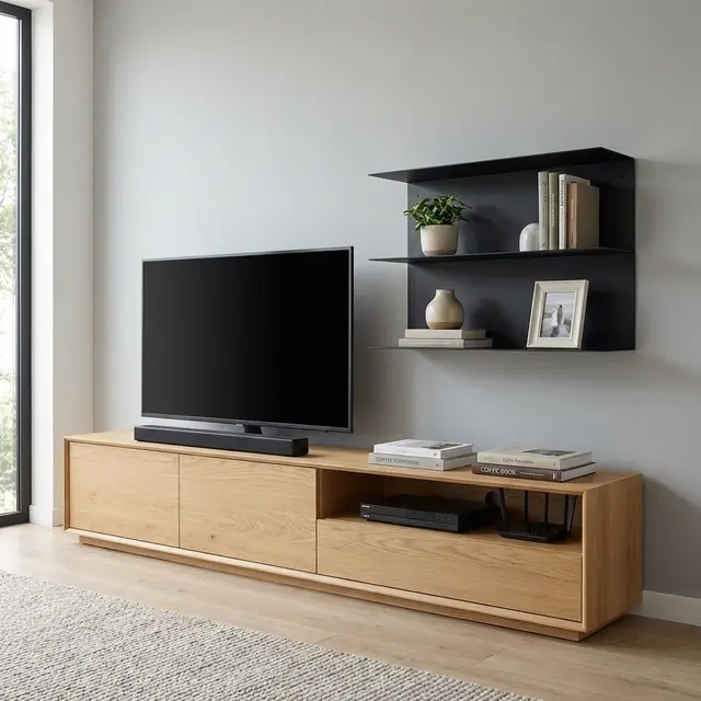 Rak TV Minimalis dengan Ambalan Terbuka