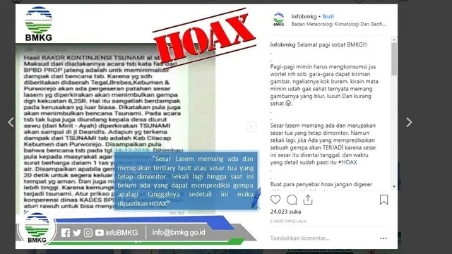 Tangkapan layar informasi BMKG yang membantah Sesar Lasem bakal memicu gempa dan memicu tsunami di pesisir Cilacap, Kebumen dan Purworejo. (Foto: Liputan6.com/Muhamad Ridlo)