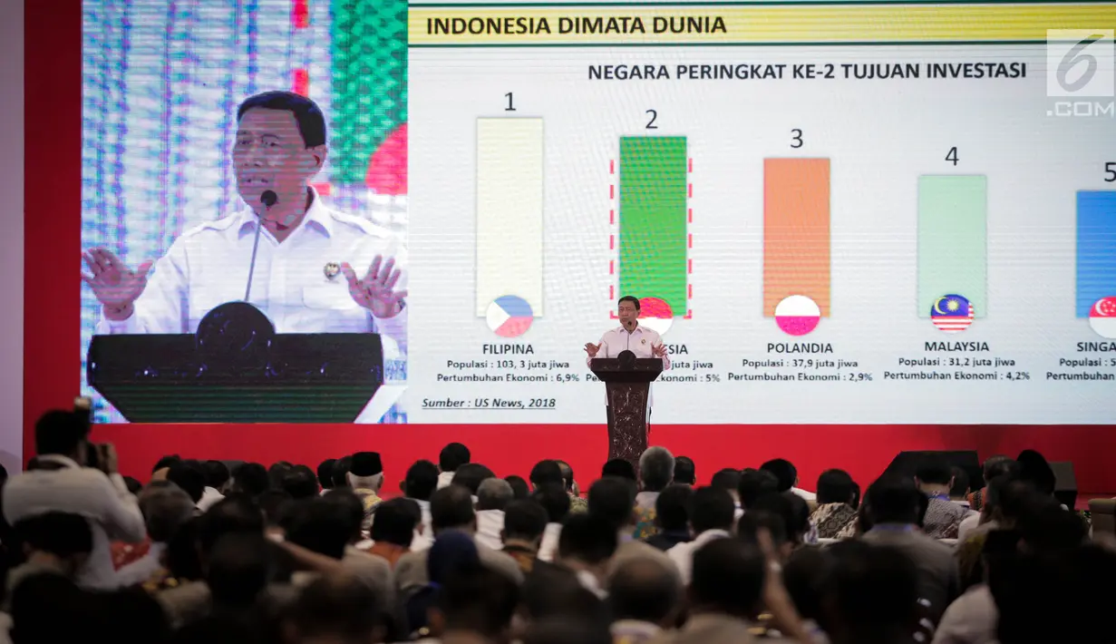 Menko Politik, Hukum, dan Keamanan (Polhukam), Wiranto, memberikan arahan dalam Rakornas Bidang Kewaspadaan Nasional di Jakarta, Rabu (27/3). Rakornas tersebut berlangsung dalam rangka pemantapan penyelenggaraan Pemilu 2019. (Liputan6.com/Faizal Fanani)