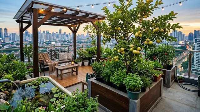 Desain Rooftop Garden dengan Jambu Biji Kristal dan Kolam
