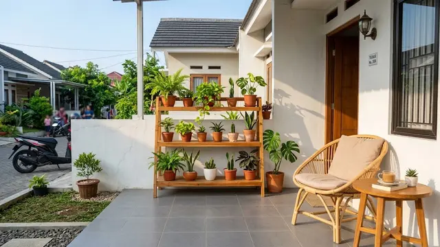 Teras Minimalis dengan Rak Tanaman Bertingkat