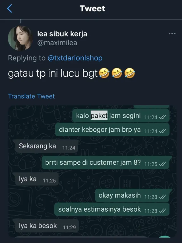 Chat Kocak Antara Kurir dan Pelanggan, Bikin Ketawa Ngakak. (Sumber: Twitter/txtdariolshop)
