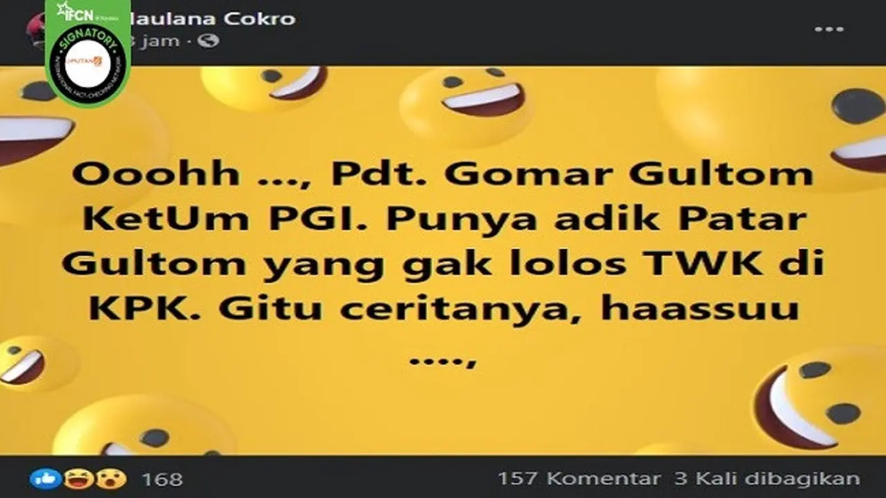 Gambar Tangkapan Layar Kabar Hoaks tentang Ketua PGI Gomar Gultom Punya Adik Bernama Patar Gultom yang Tak Lolos TWK di KPK (sumber: Facebook)
