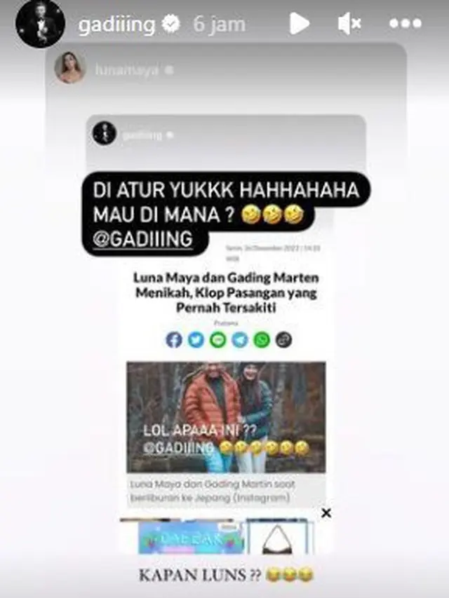 Reaksi Gading Marten dan Luna Maya Soal Gosip Menikah