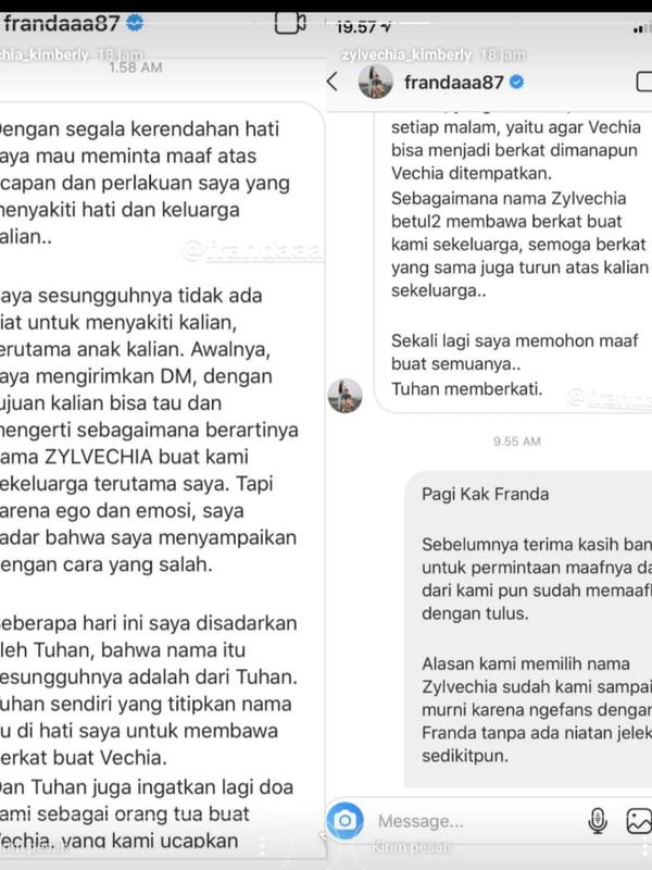 Permintaan Maaf Franda. (Instagram.com/zylvechia_kimberly)