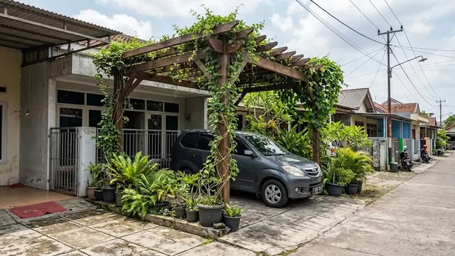 Carport dengan Bahan Kayu Ulin Terbuka dan Tanaman Rambat