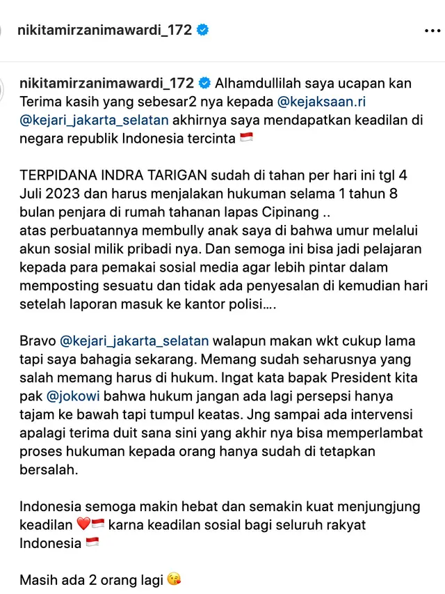 Unggahan Nikita Mirzani. (Foto: Dok. Instagram @nikitamirzanimawardi_172)