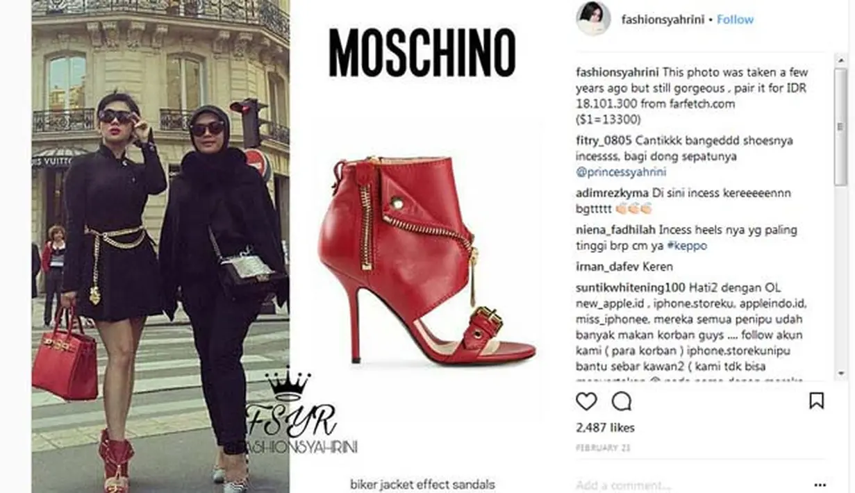 Melihat dari akun Instagramnya, Syahrini memang memiliki beragam bentuk sepatu yang unik. Dan untuk harganya pun cukup mencengangkan bagi orang awam. Seperti yang satu ini, harga sepatunya mencapai Rp. 18.101.300. (Instagram/fashionsyahrini)
