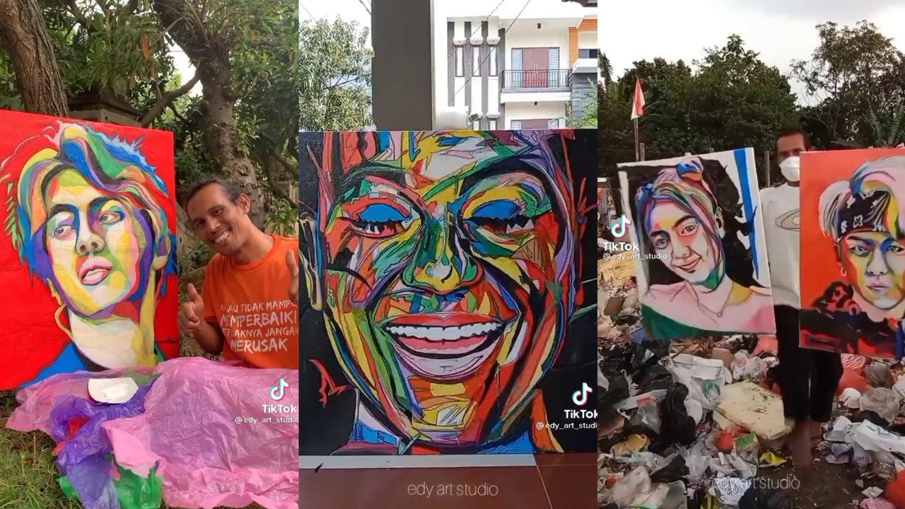 Edy Ginting pelukis olahan sampah. (Sumber: TikTok @edy_art_studio)