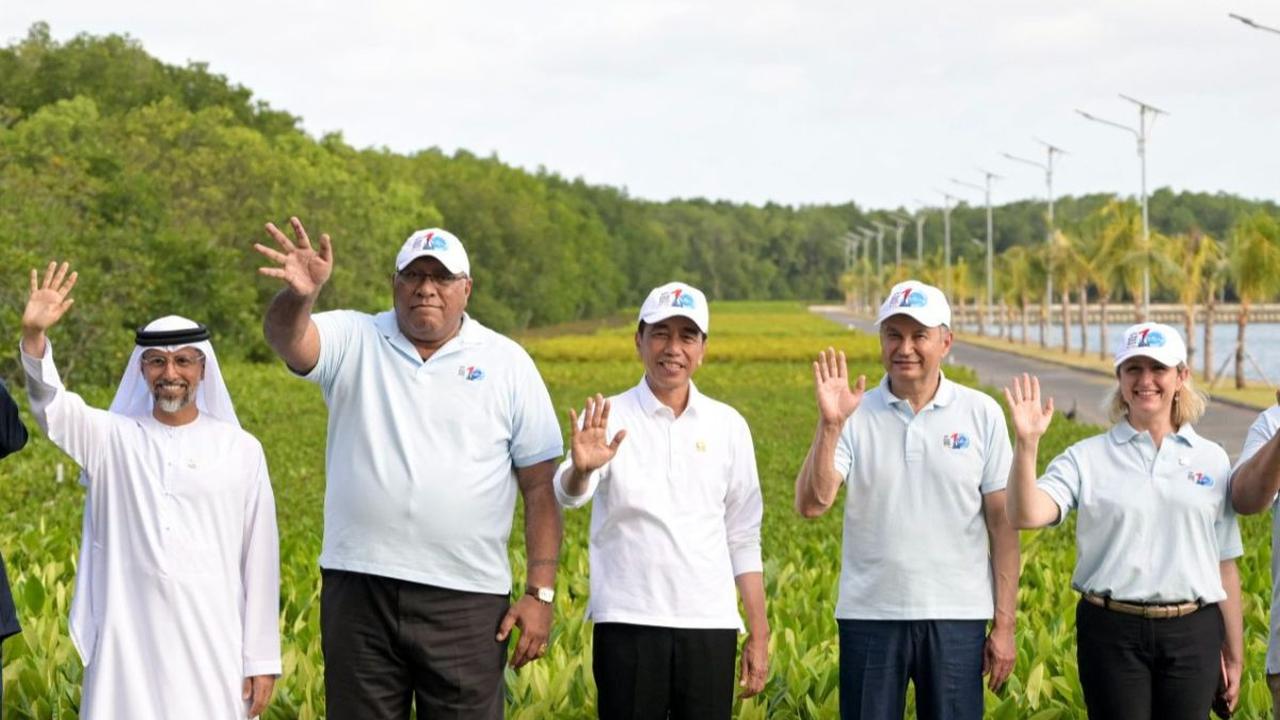 Presiden Joko Widodo atau Jokowi mengajak delegasi KTT Worl Water Forum ke-10 untuk mengunjungi kawasan konservasi mangrove Taman Hutan Raya (Tahura) Ngurah Rai, Denpasar, Bali, pada Selasa (21/5/2024). Pemandangan unik terekam dalam momen tersebut. Yakni