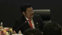 Menteri Pertanian Syahrul Yasin Limpo dalam konferensi pers RAPBN dan Nota Keuangan 2024, di kantor Direktorat Jenderal Pajak, Jakarta, Rabu (16/8/2023). (Tira/Liputan6.com)